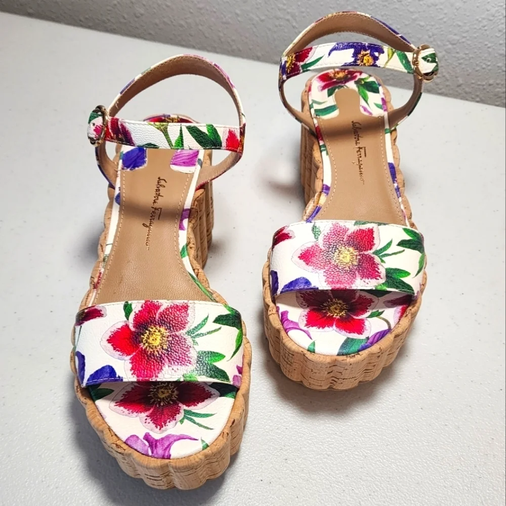 Salvatore Ferragamo Tropea Floral Colorful Leather Platform Wedge Sandals Size 6